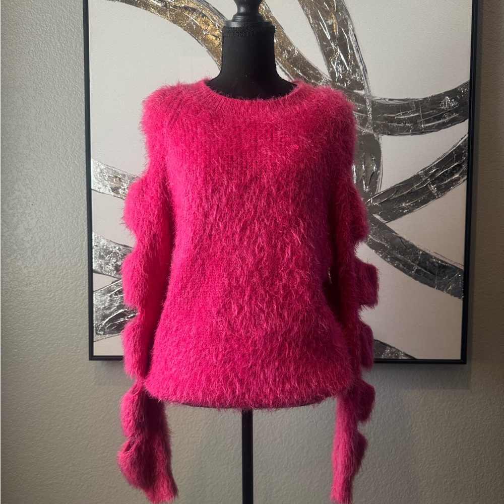 Bright Pink Fuzzy Women's Sweater with Cutout Sleeve Details